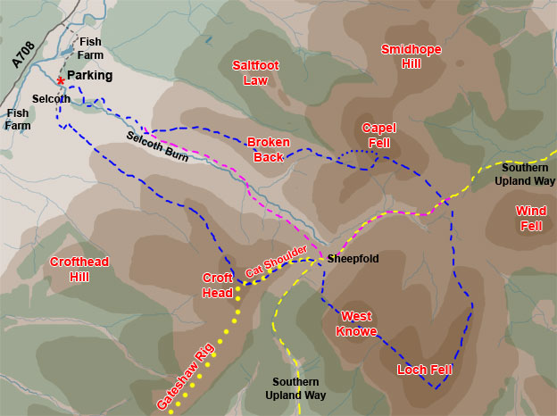 Map of a hill walk route from Selcoth in Moffatdale over Capel Fell, Loch Fell and Crofthead in the Ettrick Hills