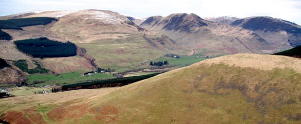 View of Broken Back and the Moffat hills while descending from Crofthead.