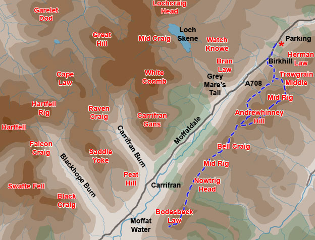 Map of a  hill walk along the Bodesbeck Ridge in the Ettrick Hills