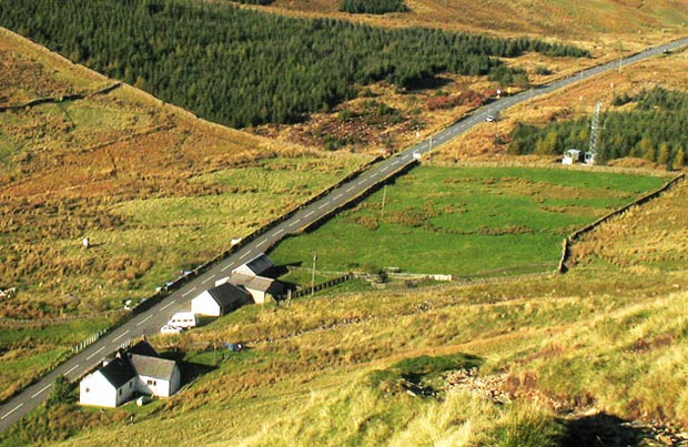 View of Birkhill cottage as you descend from Trowgrain Middle.