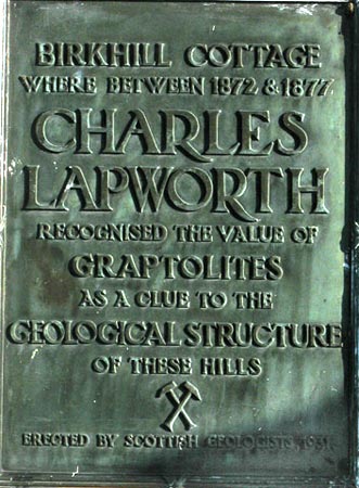 Information plaque at Birkhill cottage about Charles Lapworth residence there.