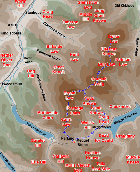 Map of a hill walk from the Megget Stane into the Manor (or Tweedsmuir) Hills, over Broad Law and Cramalt Craig, to Dollar Law