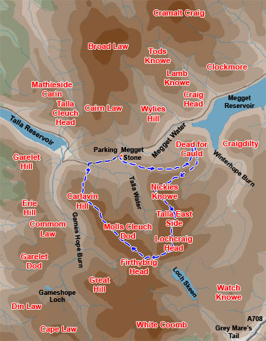 Map of a walk into the Moffat Hills above Loch Skene - from the Megget Stane above the Talla Reservoir