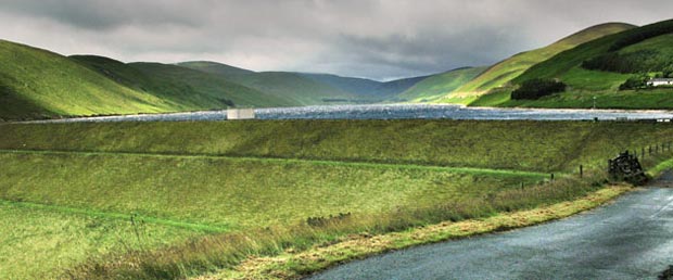 View of the Megget dam and reservoir.