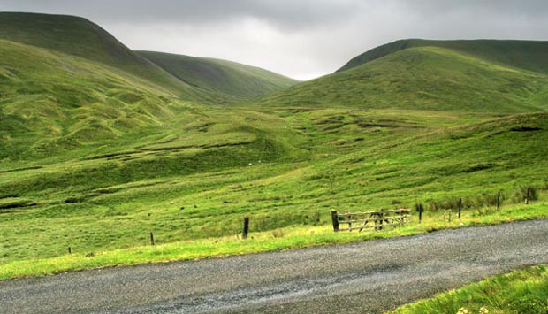 View into the valley of Talla Water with Nickie's Knowe on the left and Carlavin Hill on the right.