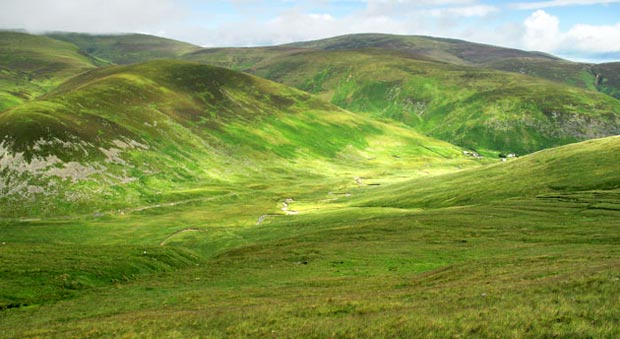 View across Megget Water valley to Meggethead Farm and Cramalt Craig from Nickiie's Knowe.