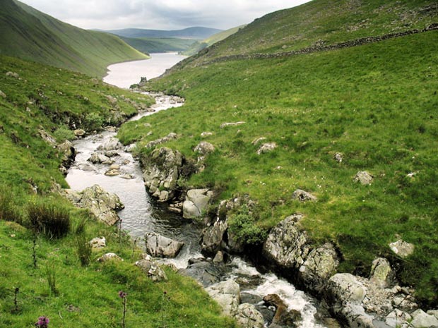 View from the bridge over the Talla Water towards the Talla reservoir.