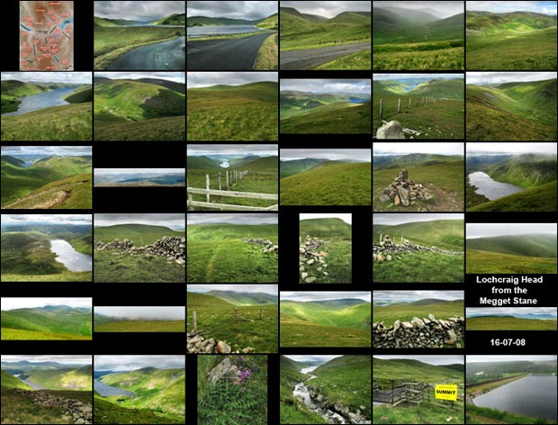 Thumbnails of a walk from the Megget Stane to Lochcraig Hill above Loch Skene in the Moffat hills.