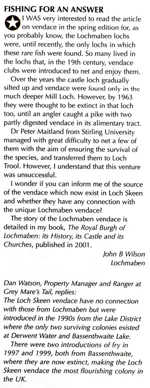 Article about the Vendace in Loch Skene and Lochmaben lochs.