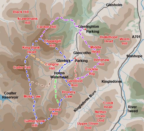 Map of a hill walk route over Chapelgill Hill, Culter Fell and Gathersnow Hill in the Culter Hills.