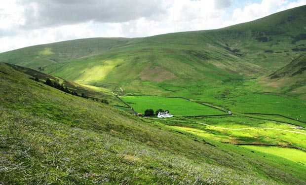 View of Holms Waterhead and Culter Fell while descending Glenlood Hill.