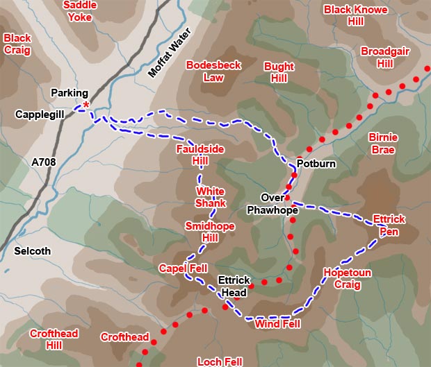 Map of a circular walking route in the Ettrick hills around Ettrick Head