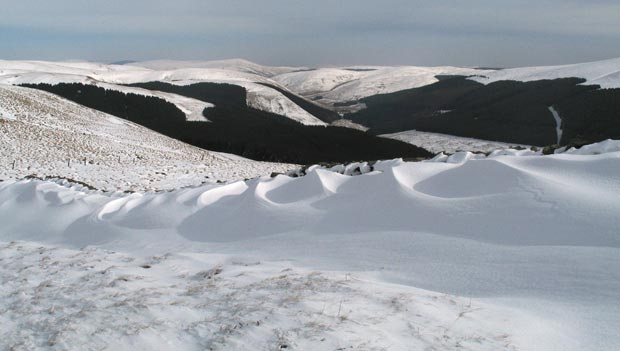 View of the valley of Ettrick Water  with snow sculptures along the dyke of the County Boundary 