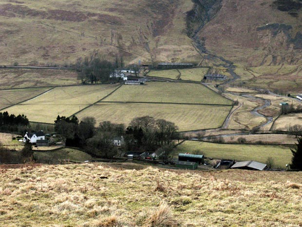 View of Bodesbeck farm and Capplegill in Moffatdale while descending the path to Bodesbeck farm.