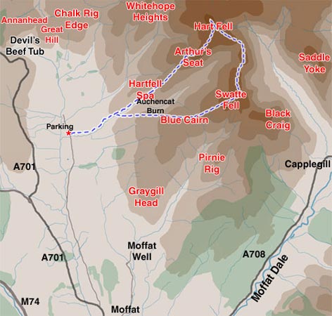 Map of a hill walk route in the Moffat hills from near the Devil's Beef Tub over Swatte Fell and Hartfell returning by Hartfell Spa