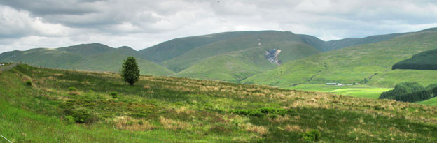 View from the A701 of scree run on Arthur's Seat above Harfell Spa, wide angle view.
