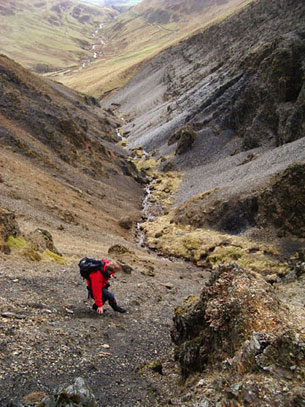 Coming down the scree slope towards Hartfell Spa.