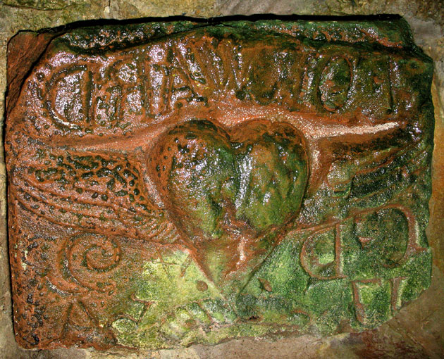 View of the plaque in the roof inside Hartfell Spa - detail.