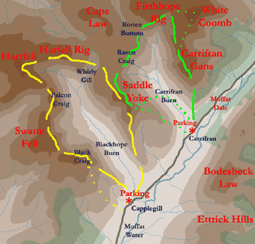 Map showing routes from Moffatdale onto the Moffat hills