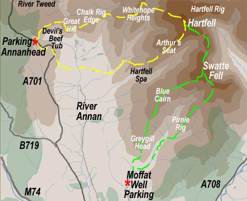 Map of routes onto Hartfell from the west