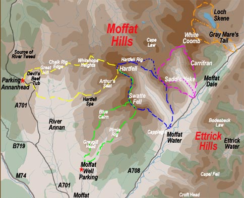 Map showing walking routes in the Moffat hills