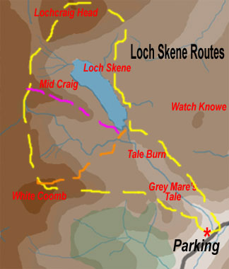 Map showing various possible hill walking routes around Loch Skene