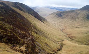 View down Carrifran Glen from above Raven Craig