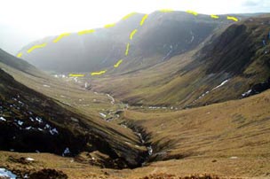 View down Carrifran Glen from the face of Firthope