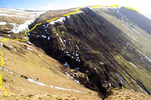 View of the route down to the top of the waterfalls from Carrifran Gans