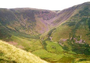 View into the Devil's Beef Tub as we ascend towards the A701