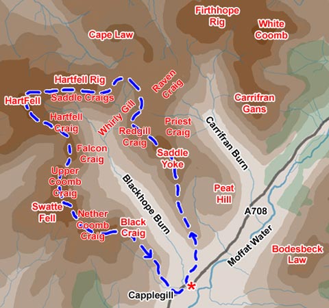Map of a hill walking route from Moffatdale, over Saddle Yoke. Hartfell and Swatte Fell