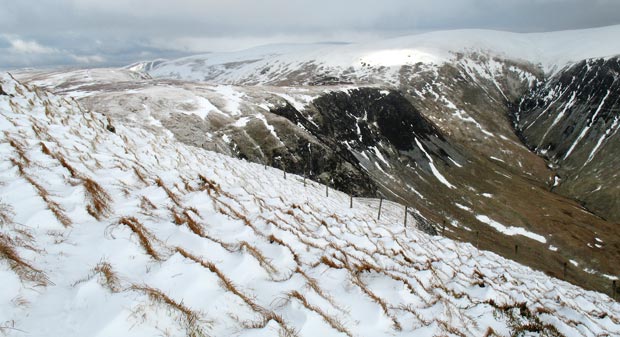 View of Raven Craig at the head of Carrifran Glen from Under Saddle Yoke.