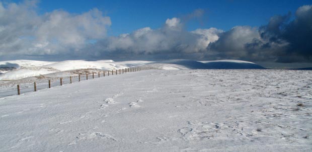 Looking east along the boundary fence on the top of Hartfell Rig.