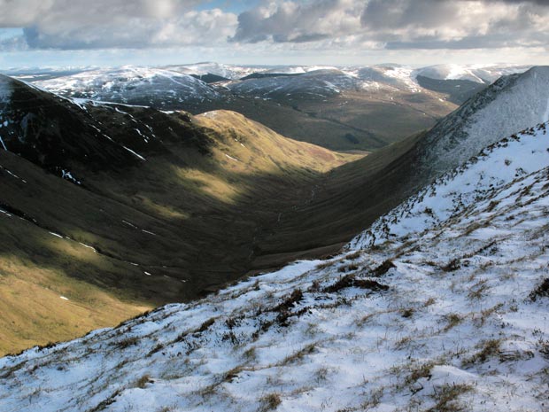 View from the top of Falcon Craig down into Blackhope Glen.