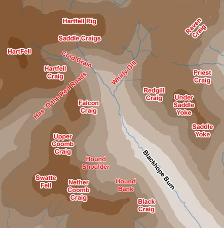 Map of the many Craigs around the top of Blackhope Glen.