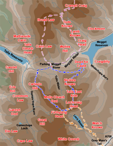 Map of a hill walk route from Moffatdale, up past the Grey Mare's Tail to Loch Skene, and then over Lochcraig Head and White Coomb in the Moffat hills