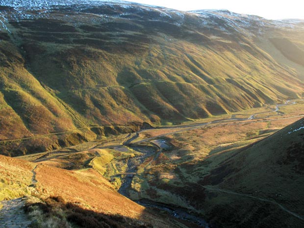 View down to the parking area for Grey Mare's Tail from the track which goes up to Loch Skene.