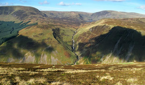 View of Grey Mare's Tail from Andrewhinney Hill in the Ettrick hills.