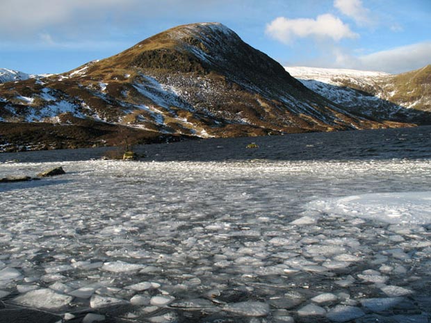 Ice-covered Loch Skene with Mid Craig beyond.