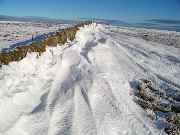Snow forms against a dry stane dyke Lochcraig Head.
