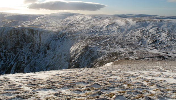 View from the top of Lochcraig Head over Loch Skene to Mid Craig and White Coomb.