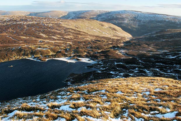 View from Mid Craig over Loch Skene to where the Tail Burn runs out of it.