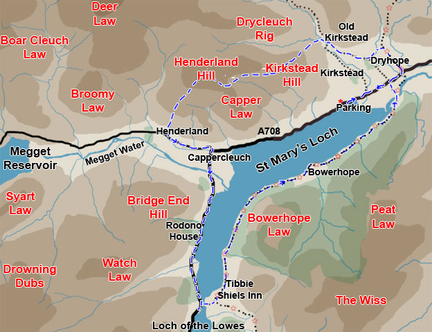 Map of a walking route from Dryhope over Henderland Hill to Cappercleuch, Loch of the Lowes and Tibbie Shiels Inn returning by the the Southern Upland Way