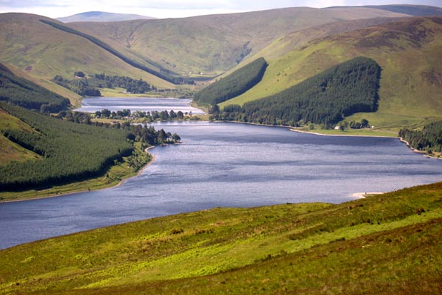 Looking south down St Mary's Loch and Loch of the Lowes beyond Tibbie Shiels to the head waters of the Yarrow.