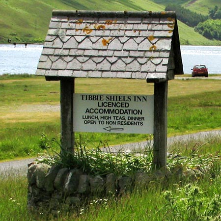 Sign by the roadside for Tibbie Shiels Inn.