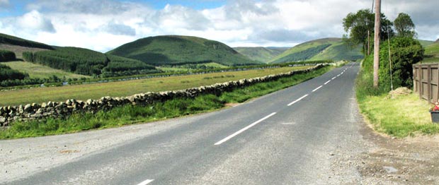 View from the road end for Dryhope looking south west along the A708.