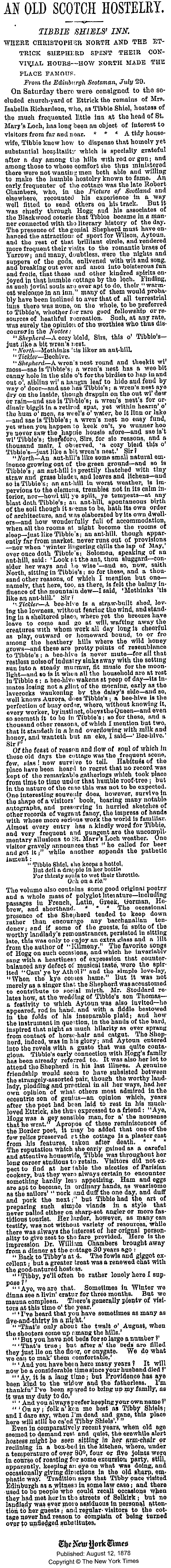 Information about Tibbie Shiels Inn from the New York Times - 12 August 1878.