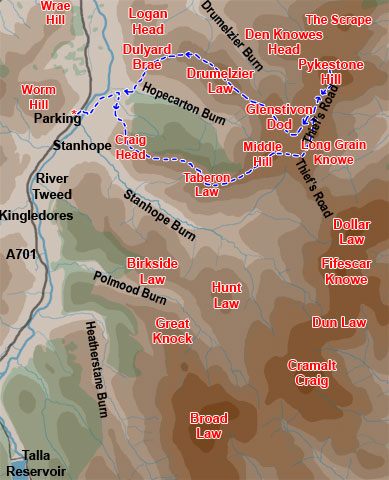 Map of a circular hill walk from Stanhope by the River Tweed, over Taberon Law, Long Grain Knowe, Pykestone Hill, Glenstivon Dod and Drumelzier Law