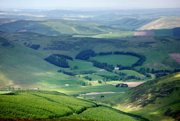 View from Middle Hill looking down to the mouth of the Hopecarton Burn valley.