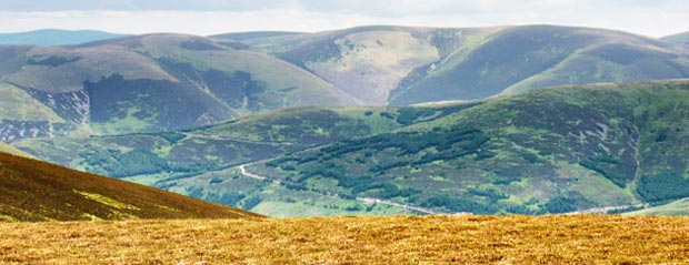 View east north east over the valley of the Manor Water from Long Grain Knowe to Hundleshope Heights which lie just south of Peebles.
